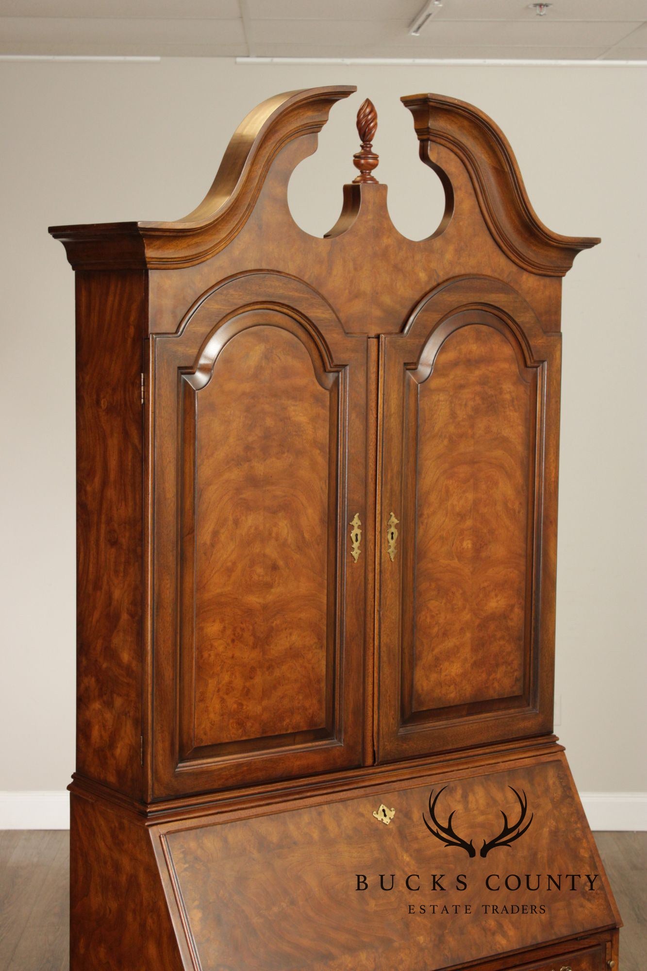 Chippendale Style Burled Walnut Bombe Secretary Desk Bookcase By Heritage Heirloom