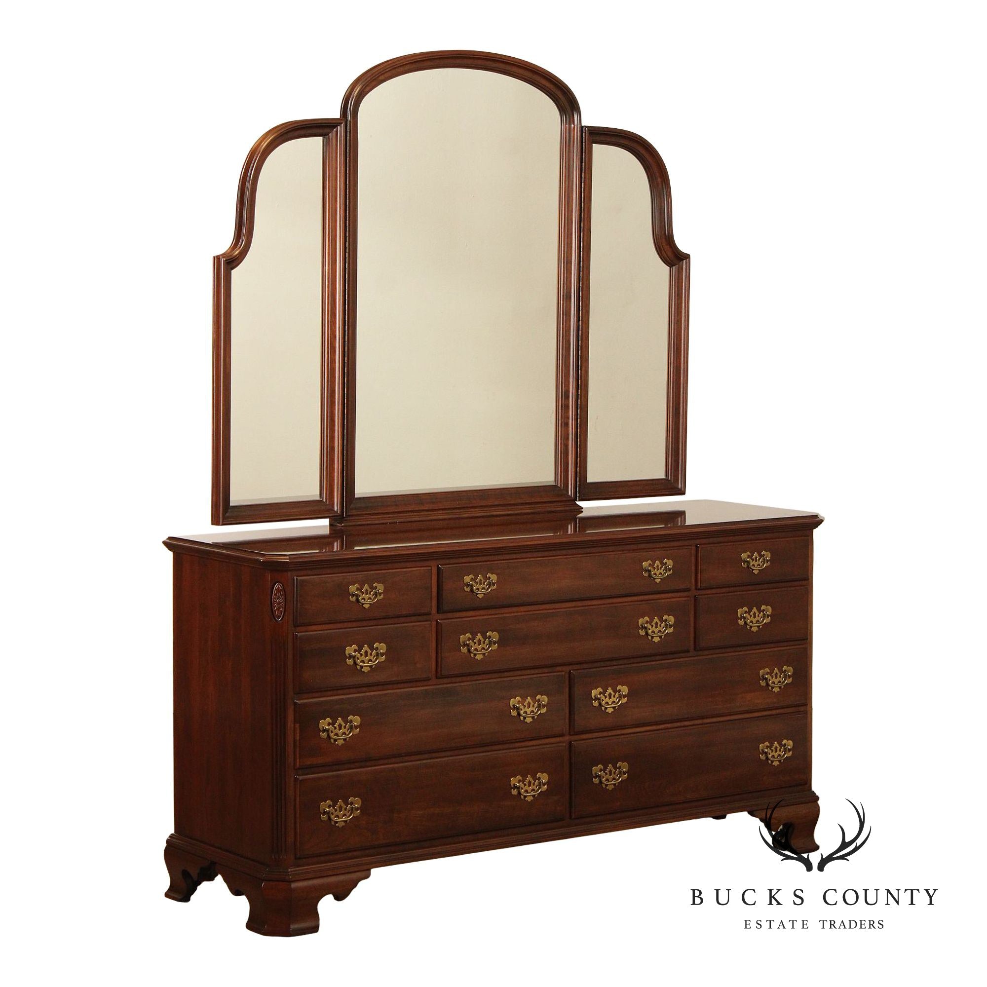 ETHAN ALLEN GEORGIAN COURT CHERRY DRESSER WITH TRI-FOLD MIRROR