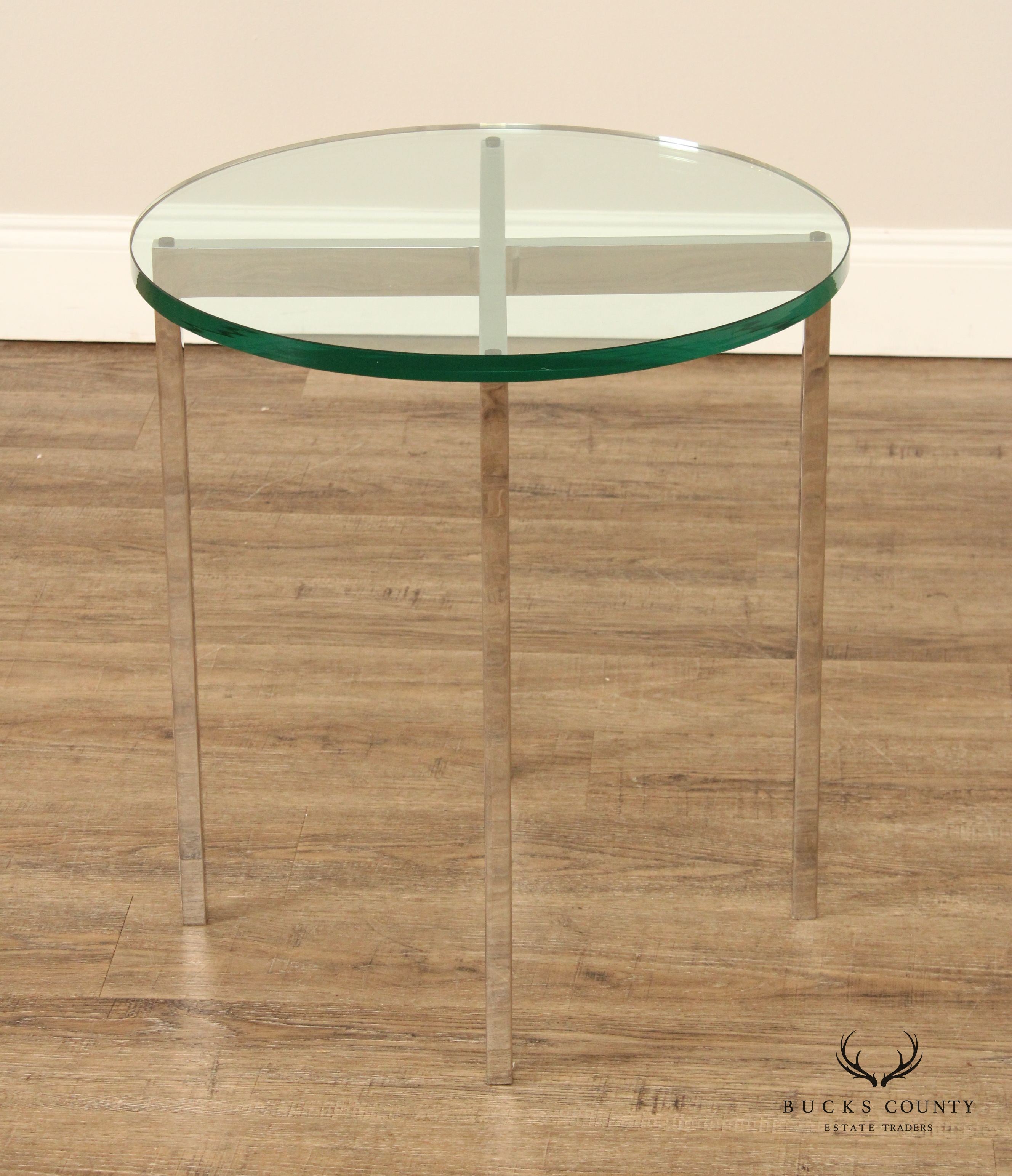 Postmodern Pair of Chrome Frame Round Glass Top Side Tables