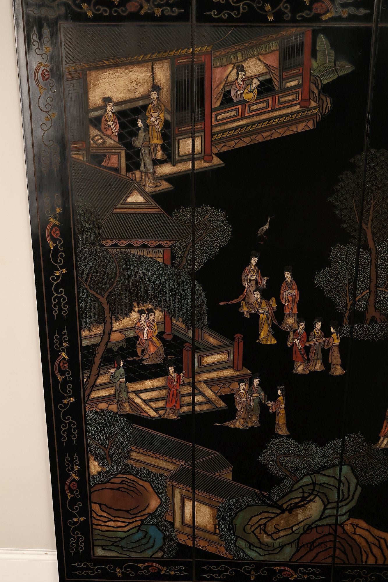 Asian Style Black Vintage Lacquer Six Panel Folding Screen