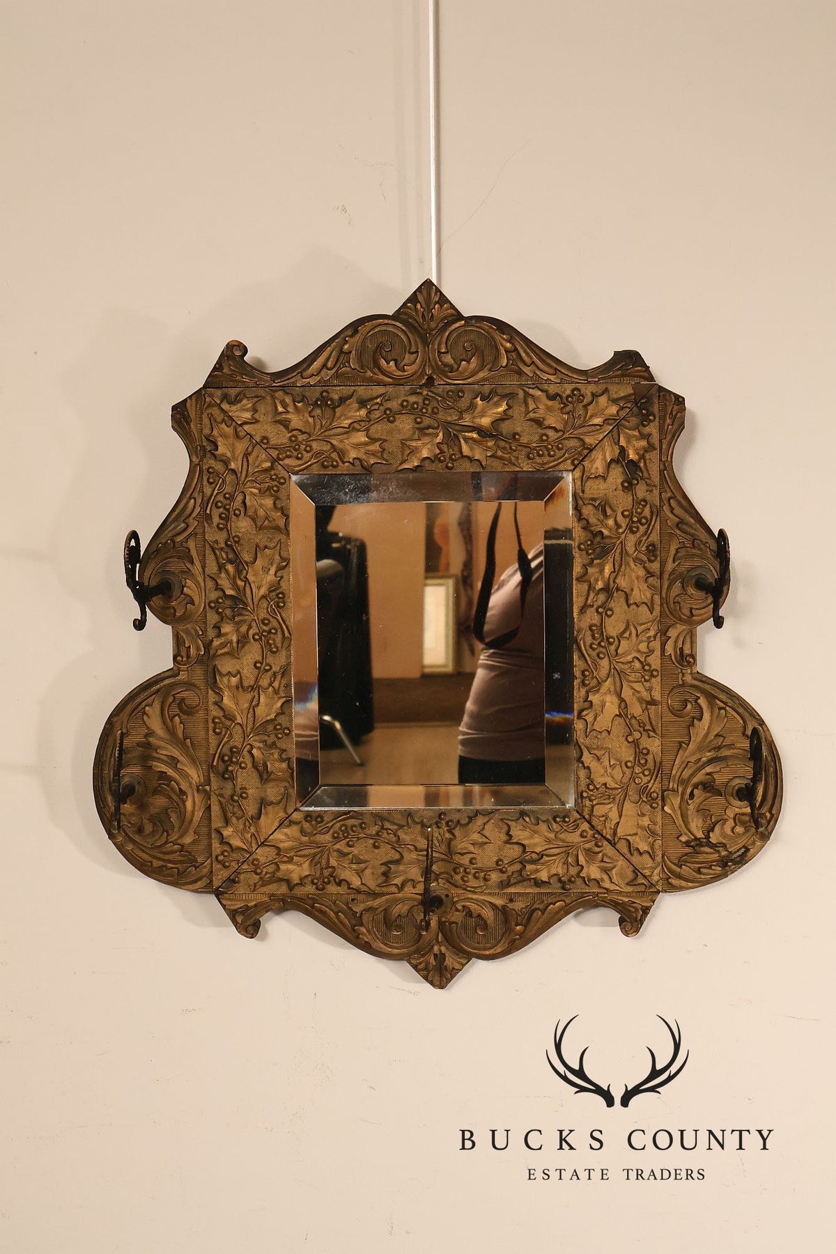 Antique Carved Gilt Wood Wall Mirror With Wrought Iron Hooks