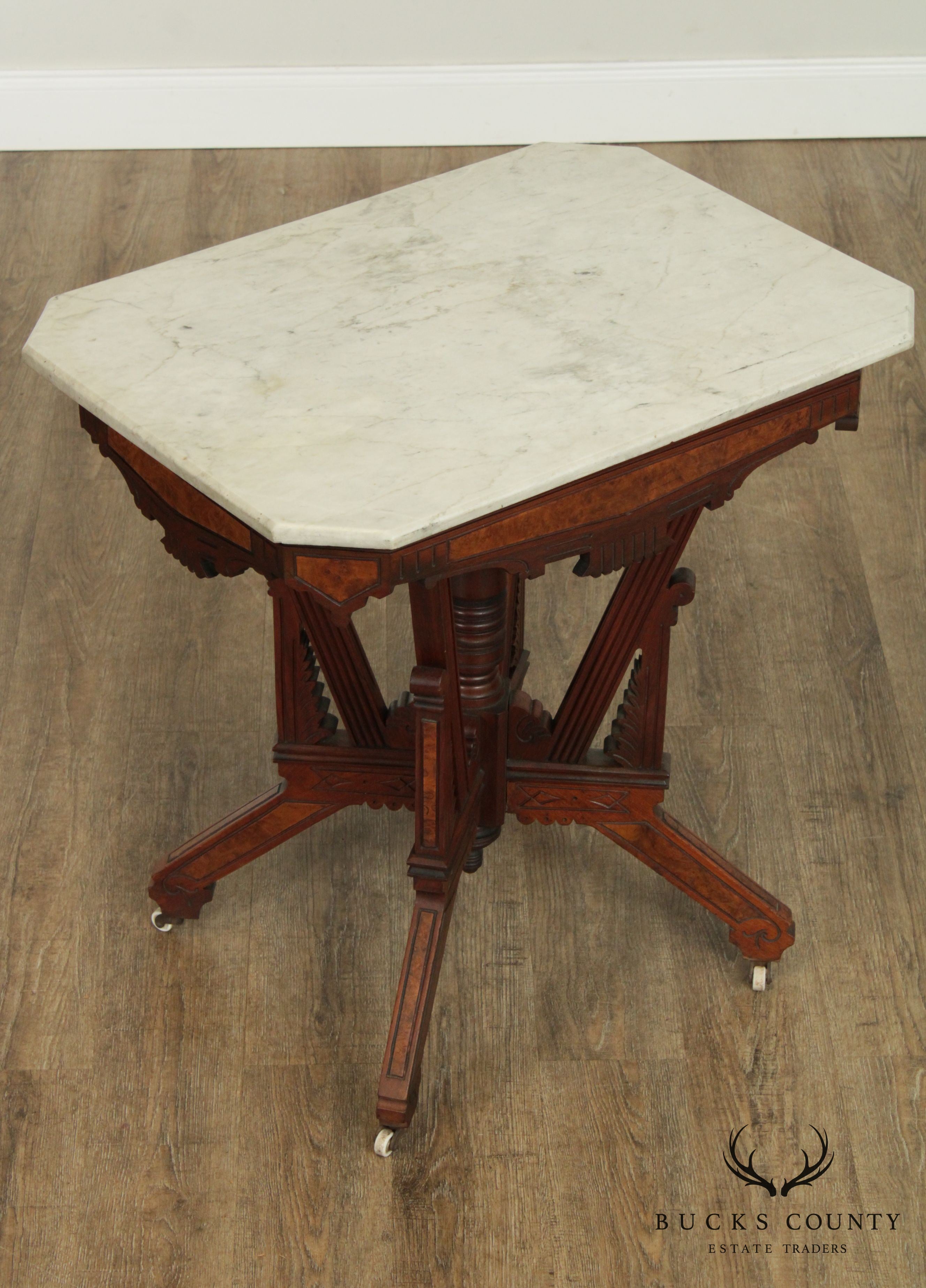 Antique Victorian East Lake Walnut Marble Top Parlor Table