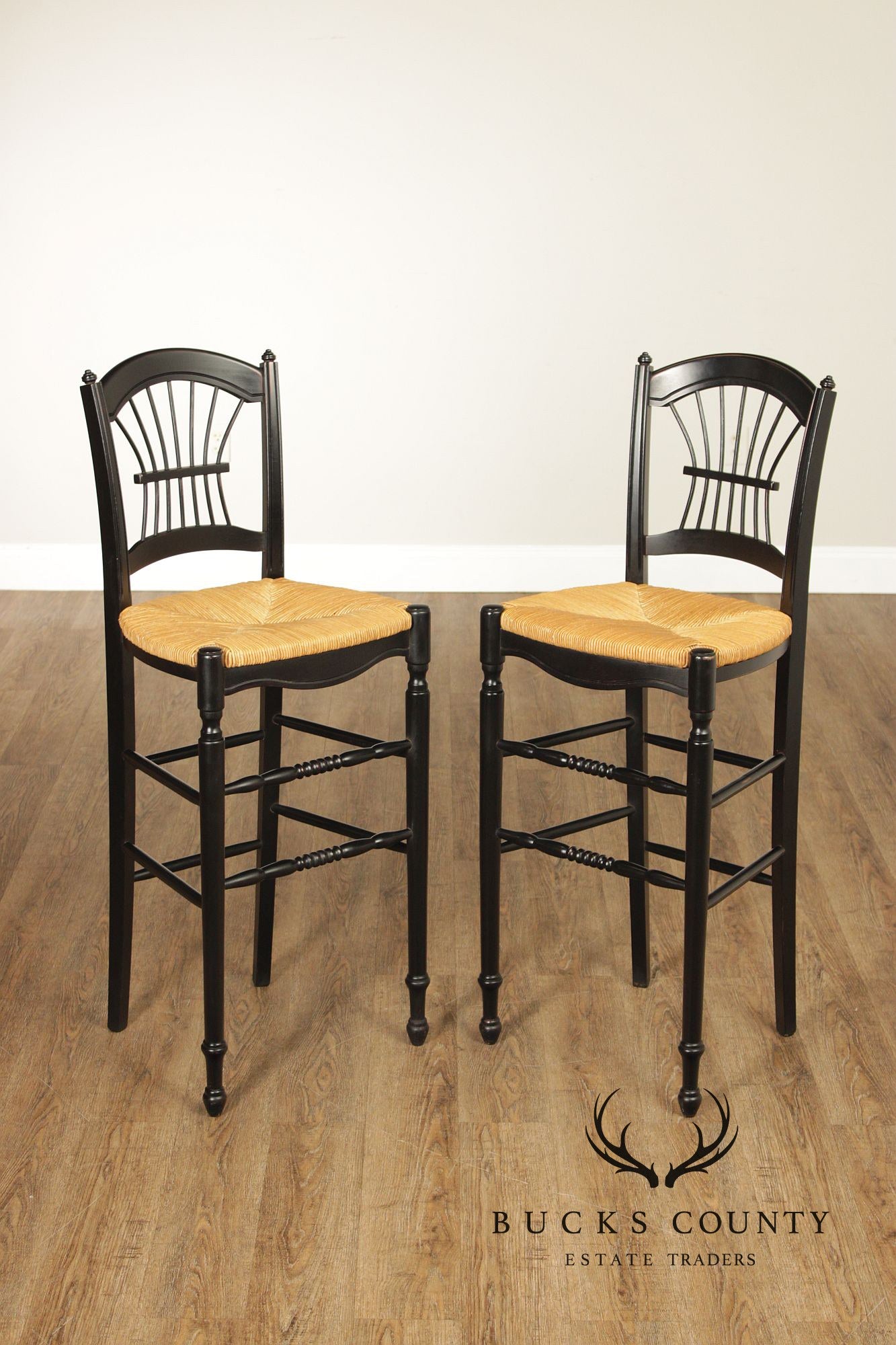 Lillian August Farmhouse Style Pair of Ebonized Counter Stools