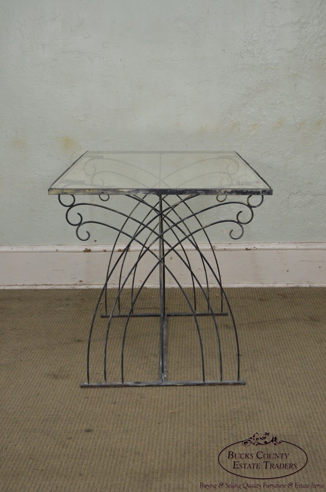 Art Deco Vintage Studio Wrought Iron Glass Top Patio Console Table