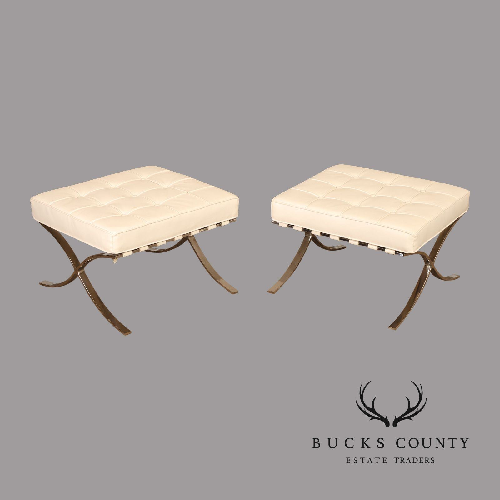 White Barcelona Style Pair Of Leather Stools With Chrome Bases