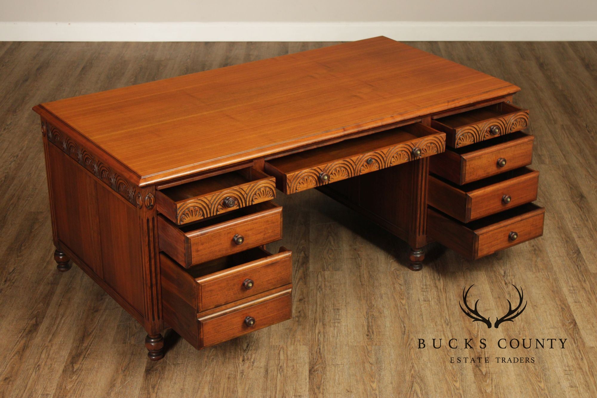 1930 Walnut Carved Pedestal Executive Desk with Pull-Out Writing Slides