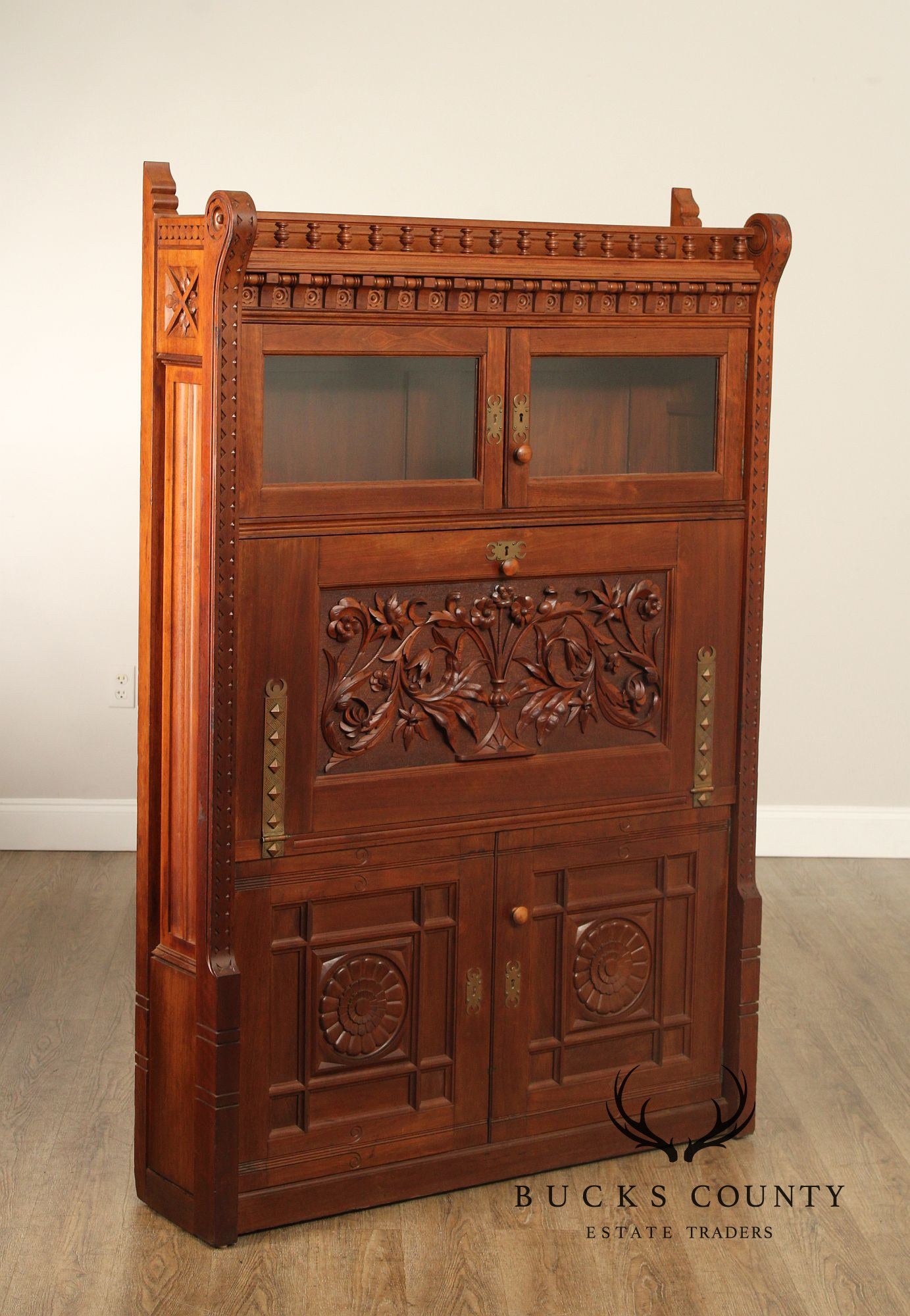 Antique Victorian Aesthetic Carved Walnut Drop Front Writing Desk