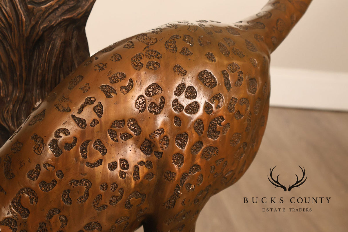Large Bronze Leopard Sculpture On Tree Stump Base