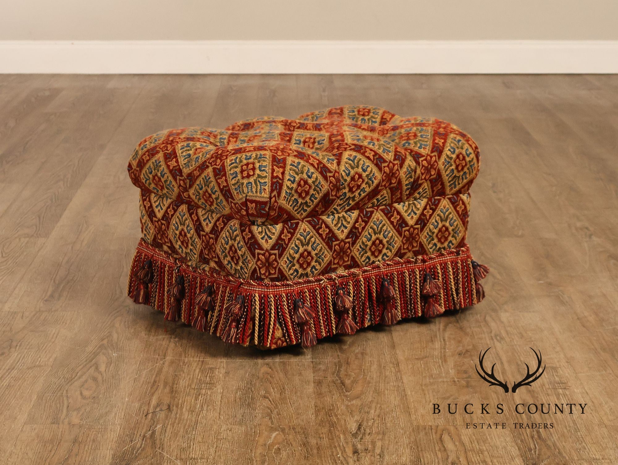 Pair of Tufted Upholstered Tassel Fringe Footstools Ottomans
