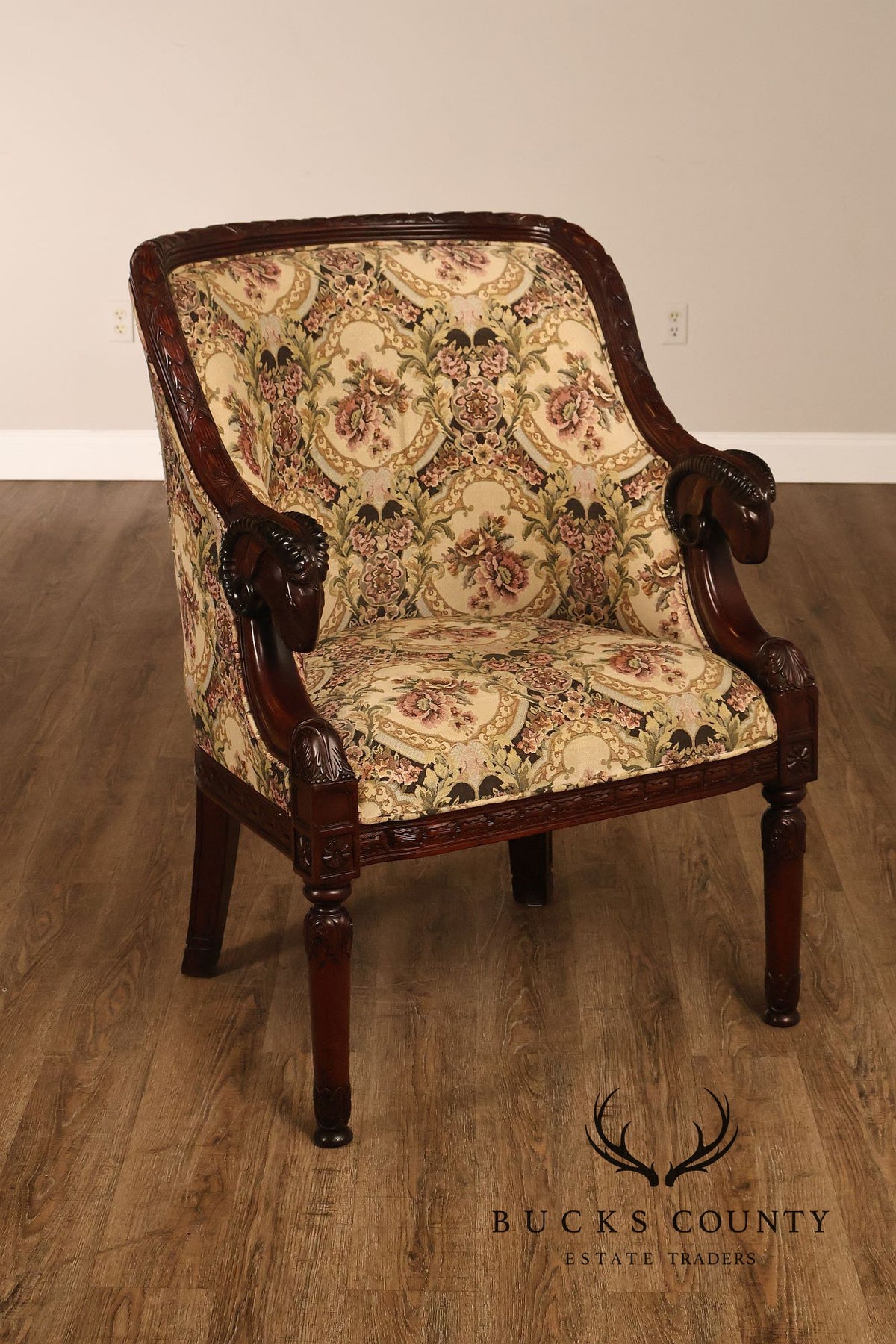 Pair Of Carved Mahogany Ram’s Head Upholstered Armchairs