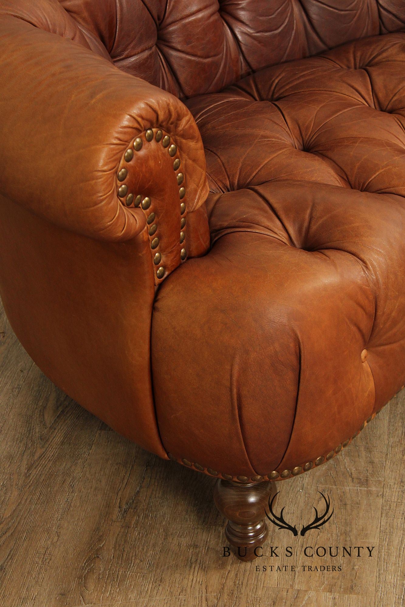 English Traditional Tufted Leather Curved Chesterfield Sofa