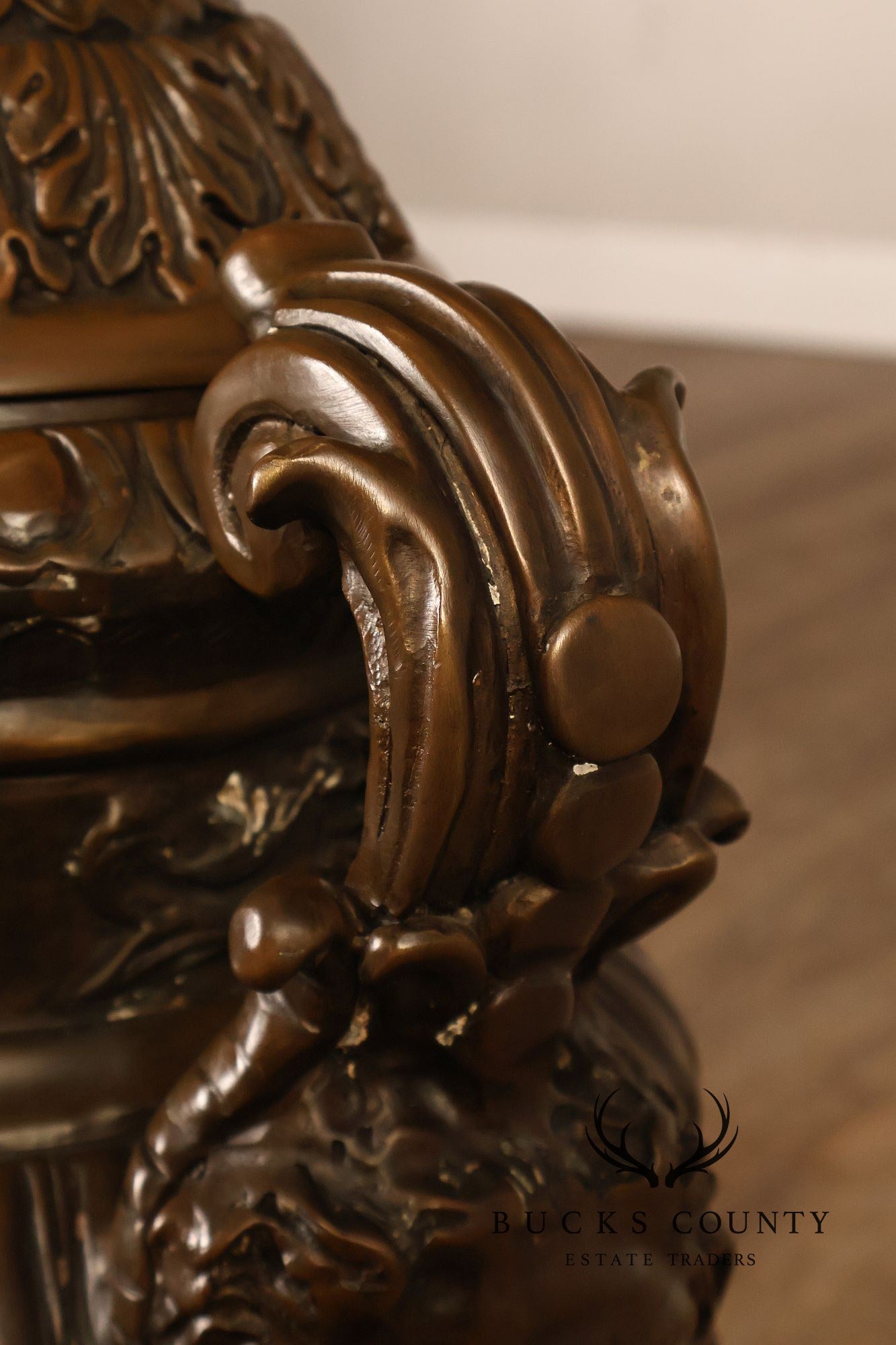 Neoclassical Style Large Pair Of Cast Bronze Covered Urns With Figural Relief