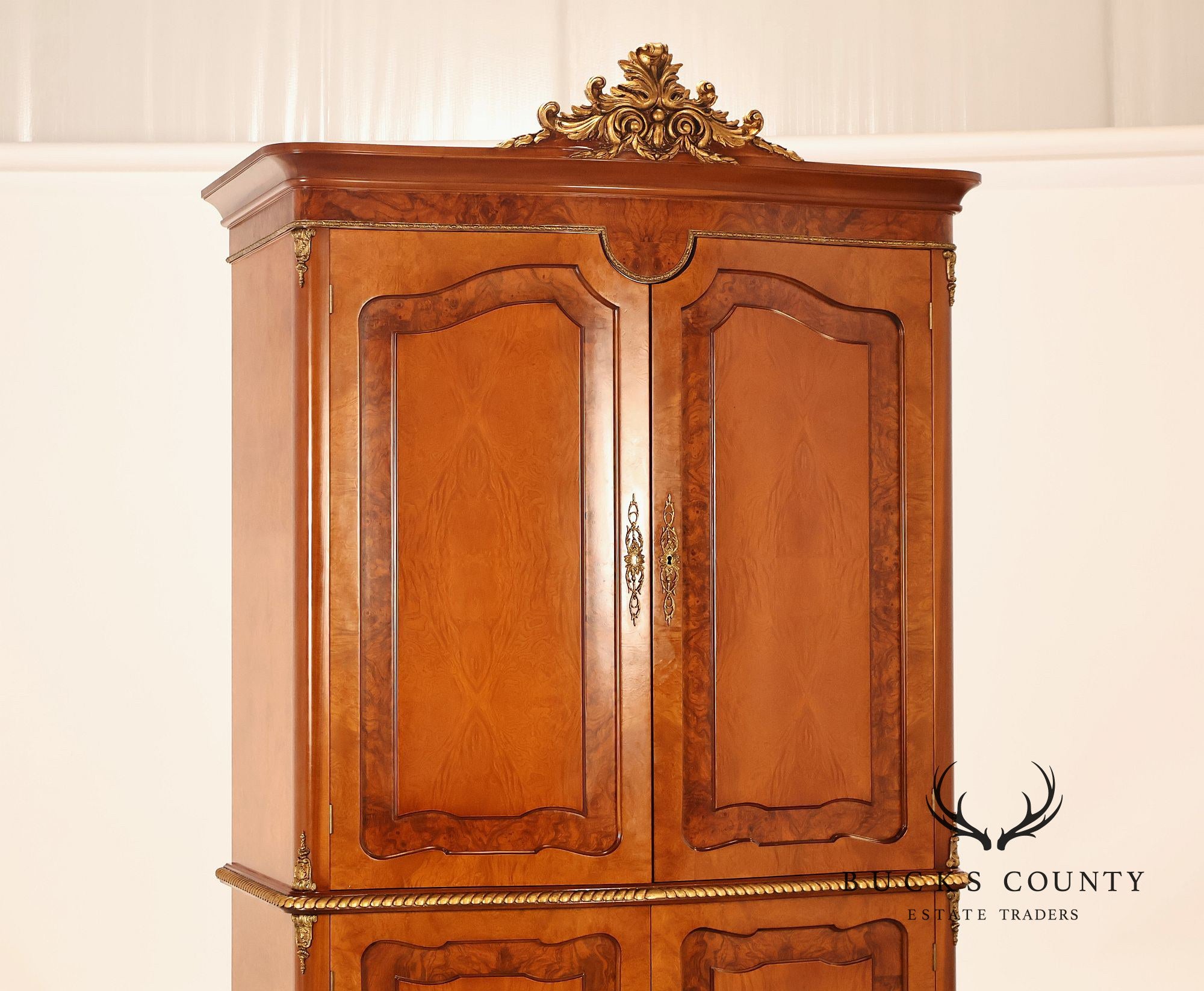 French Louis XV Style Burl Walnut Linen Closet Armoire