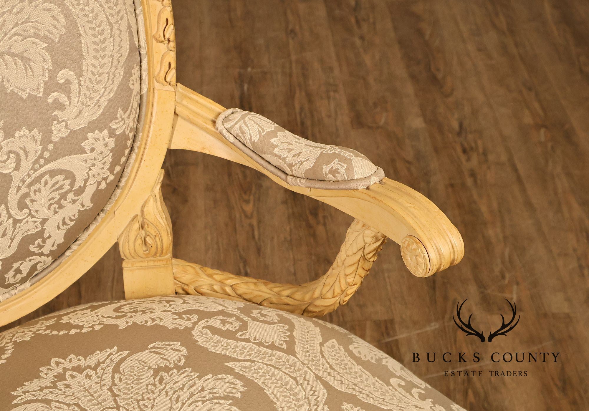 Louis XVI Style Pair Of Painted Oval Back Armchairs With Upholstered Seats