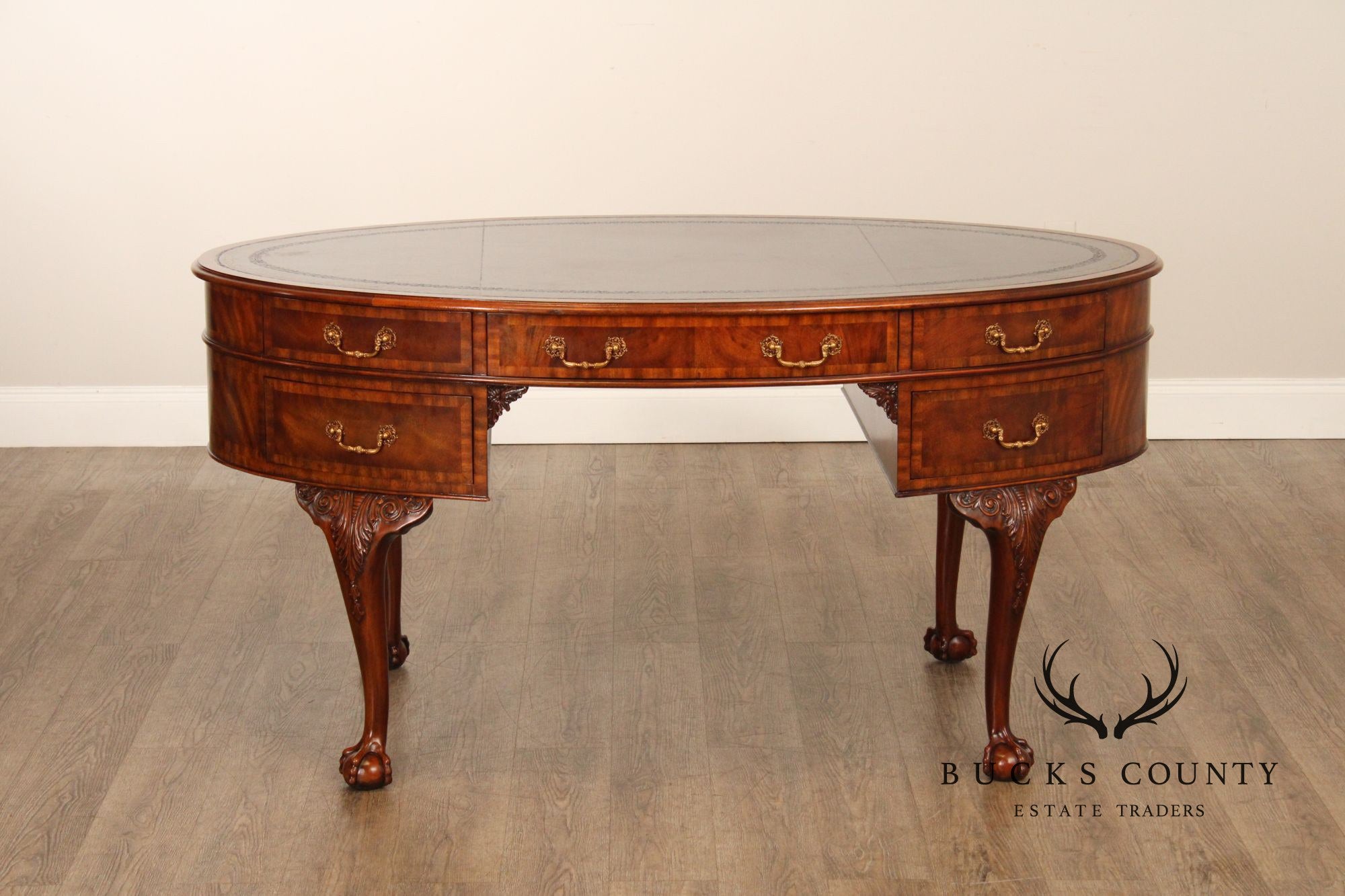 Maitland Smith Georgian Style Leather Top Mahogany Oval Desk