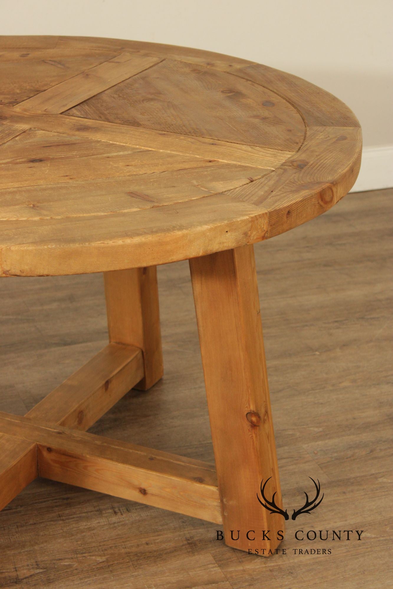 Rustic Industrial Round Pine Dining Or Center Table With X-Base