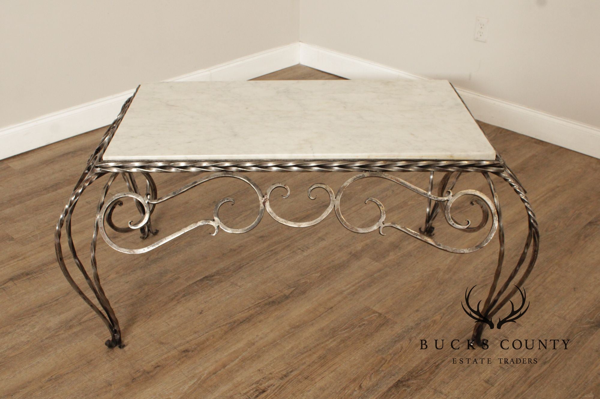 Vintage French Marble Top Wrought Iron Coffee Table