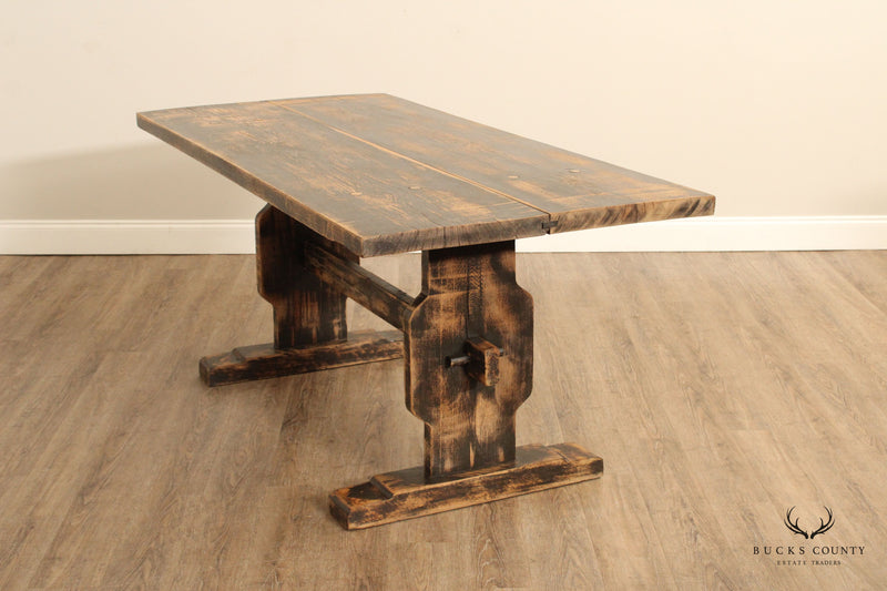 Custom Crafted Farmhouse Aged and Distressed Oak Trestle Dining Table