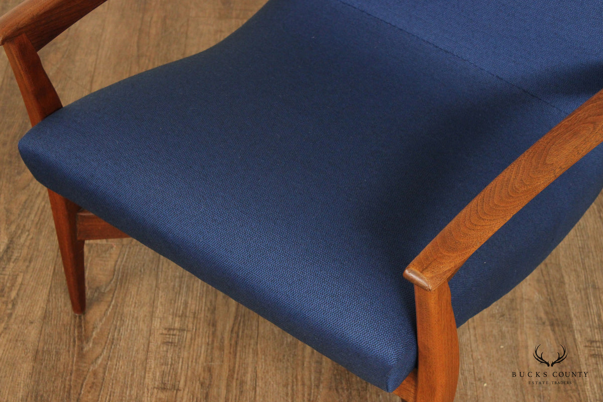 Quality Mid Century Modern Unusual Sculpted Walnut Pair Of Three Legged Lounge Chairs