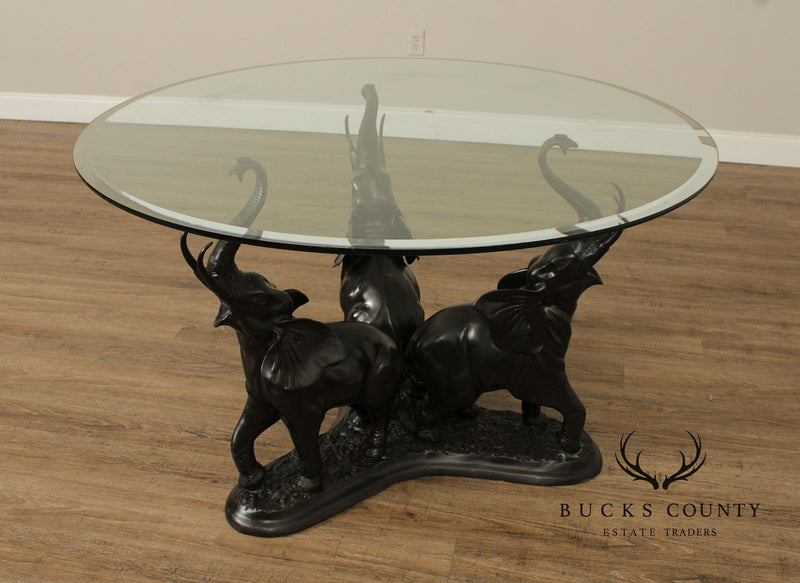 Contemporary Glass Top Bronze Elephants Center Table