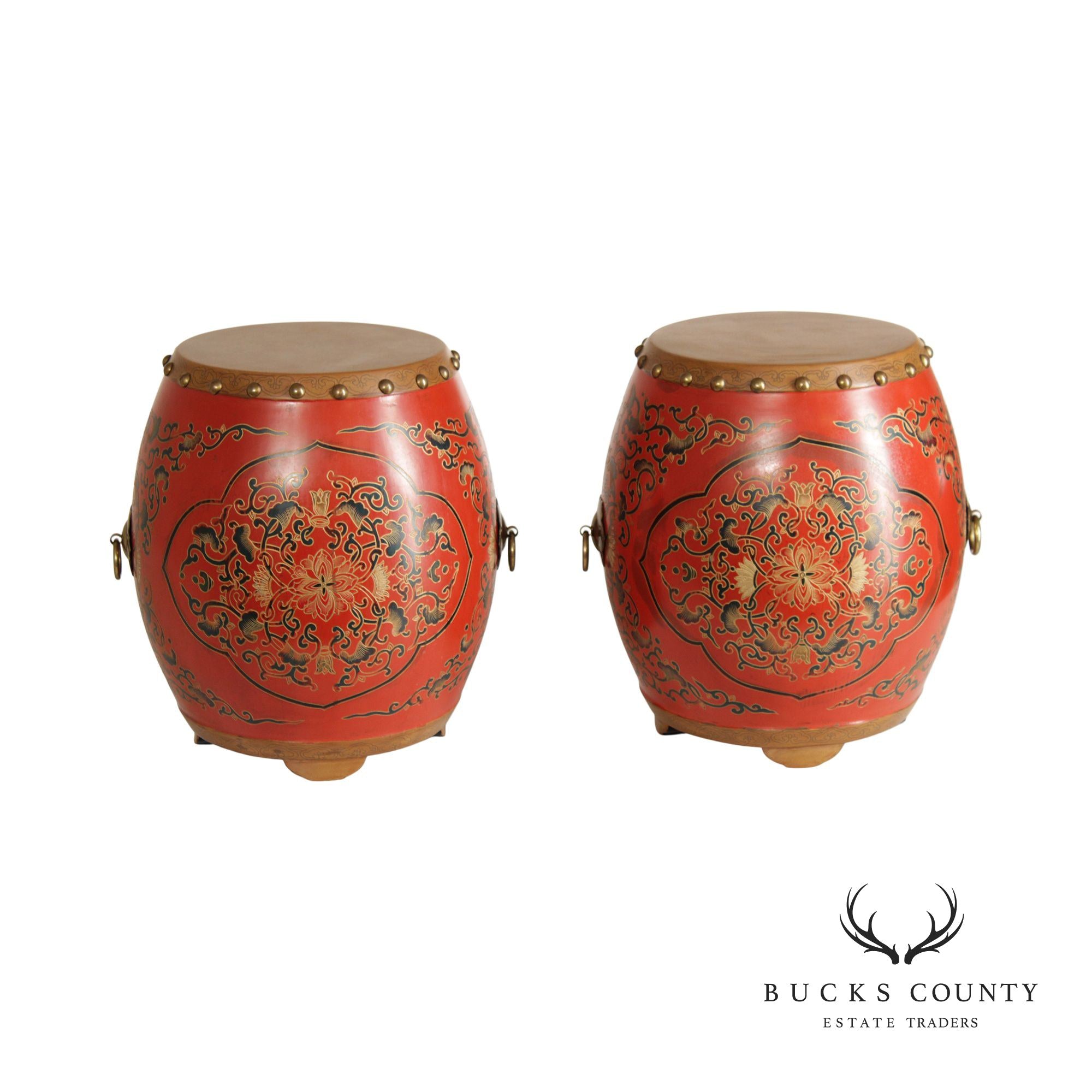 Asian Inspired Style Pair of Hand Painted Wooden Drum Stools