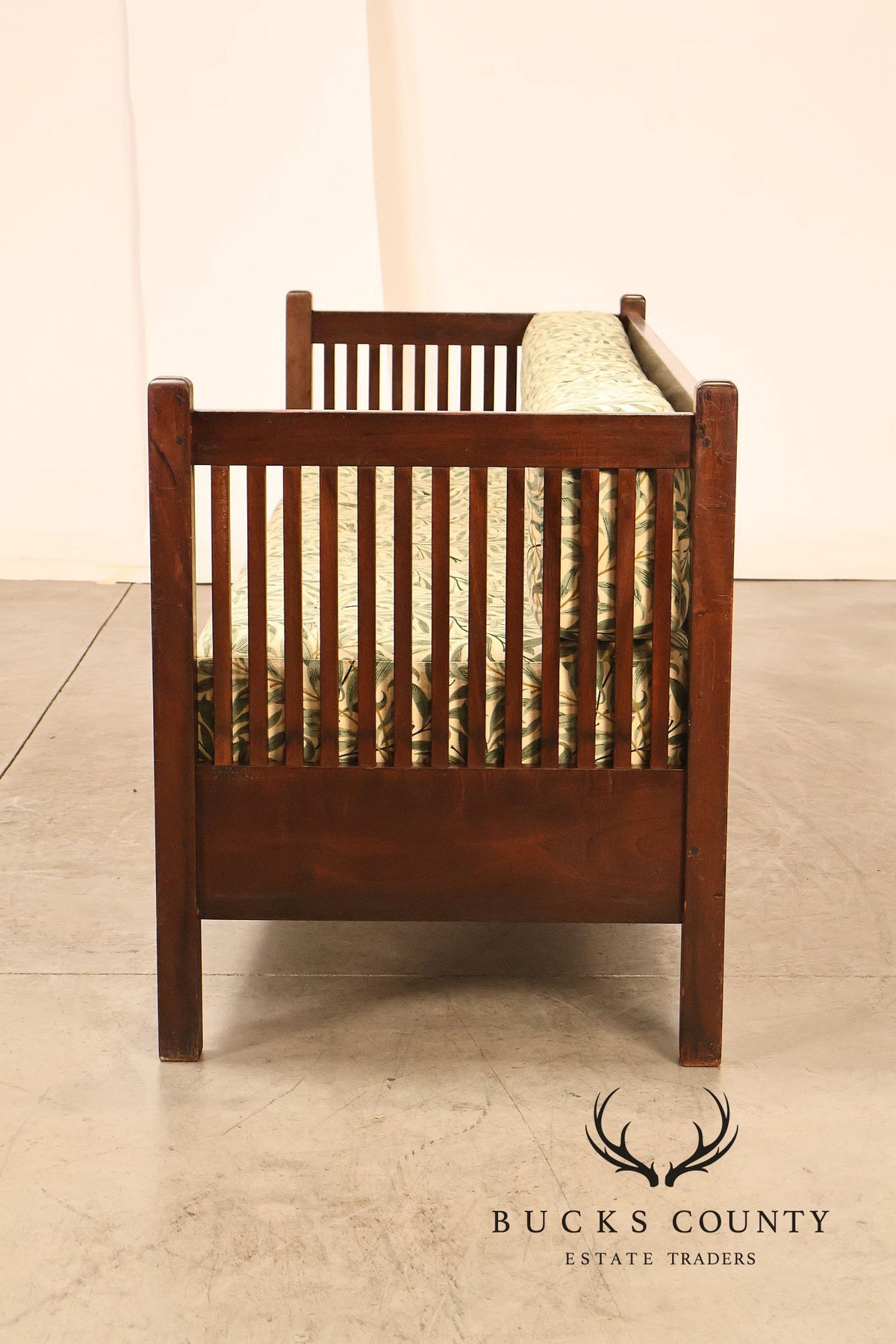 Mission Style Mahogany Spindle Settle With Botanical Upholstery