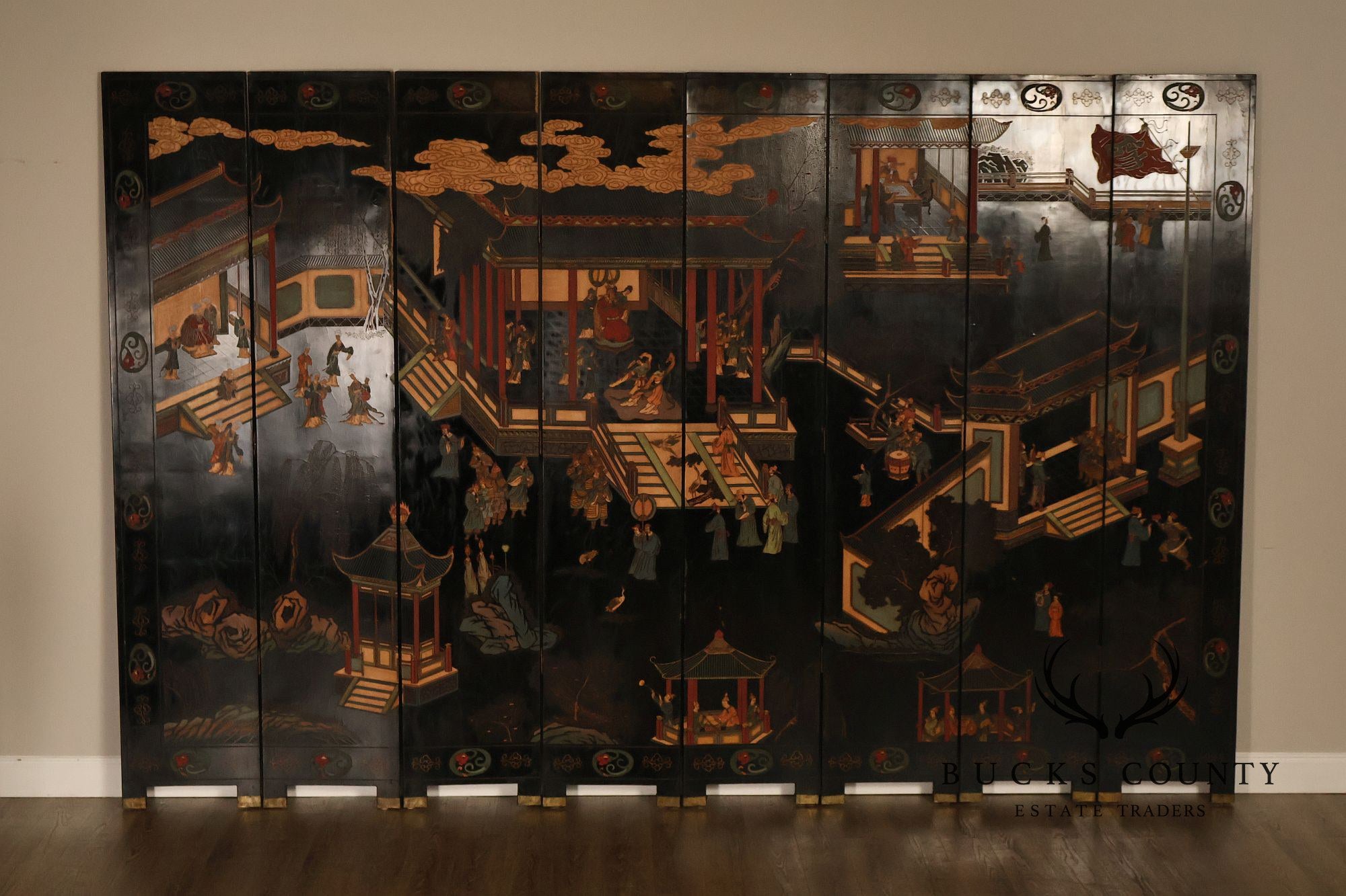 Chinese Coromandel Style Pair Of Eight Panel Folding Screens