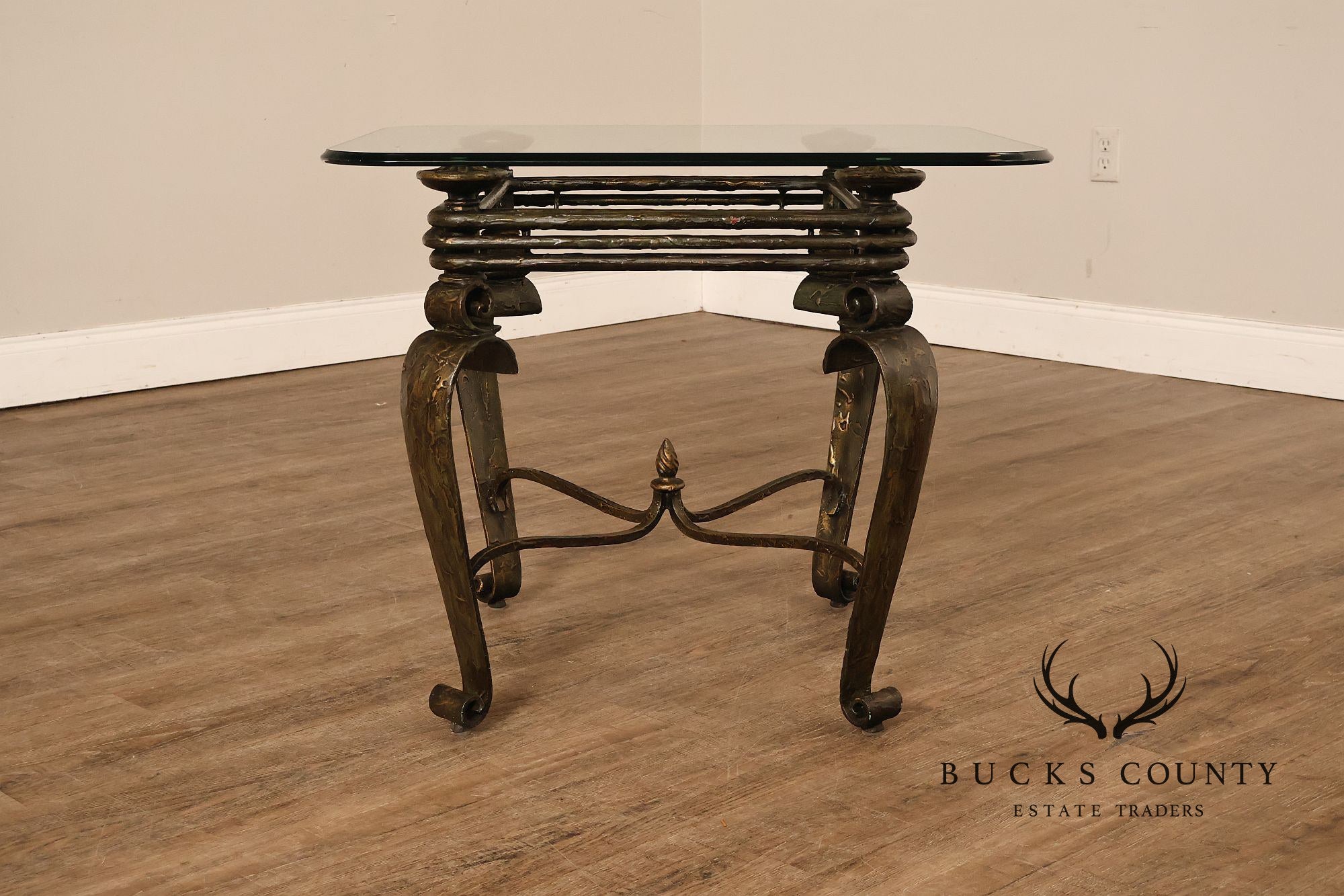 Neoclassical Revival Glass Top Metal Accent Table