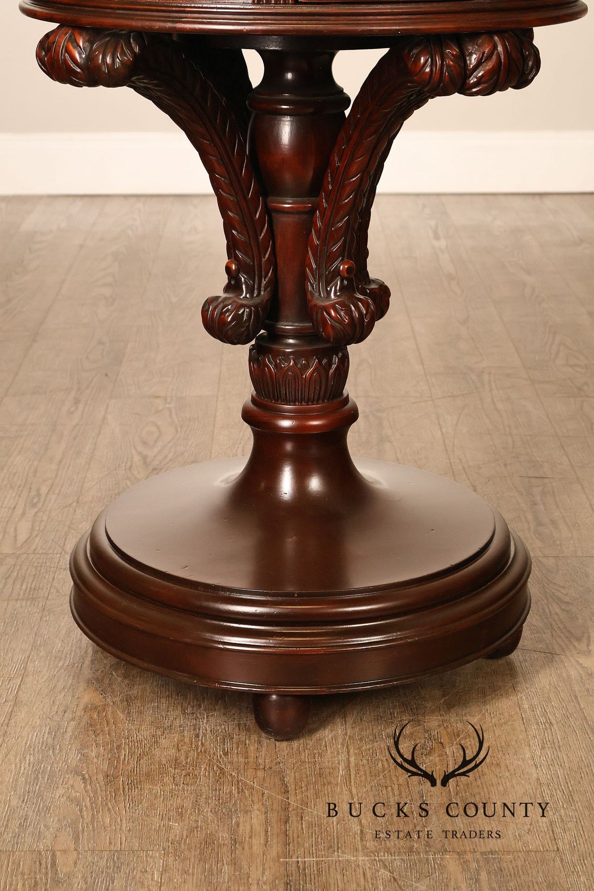 Carved Mahogany Pair Of Round Pedestal End Tables With A Drawer