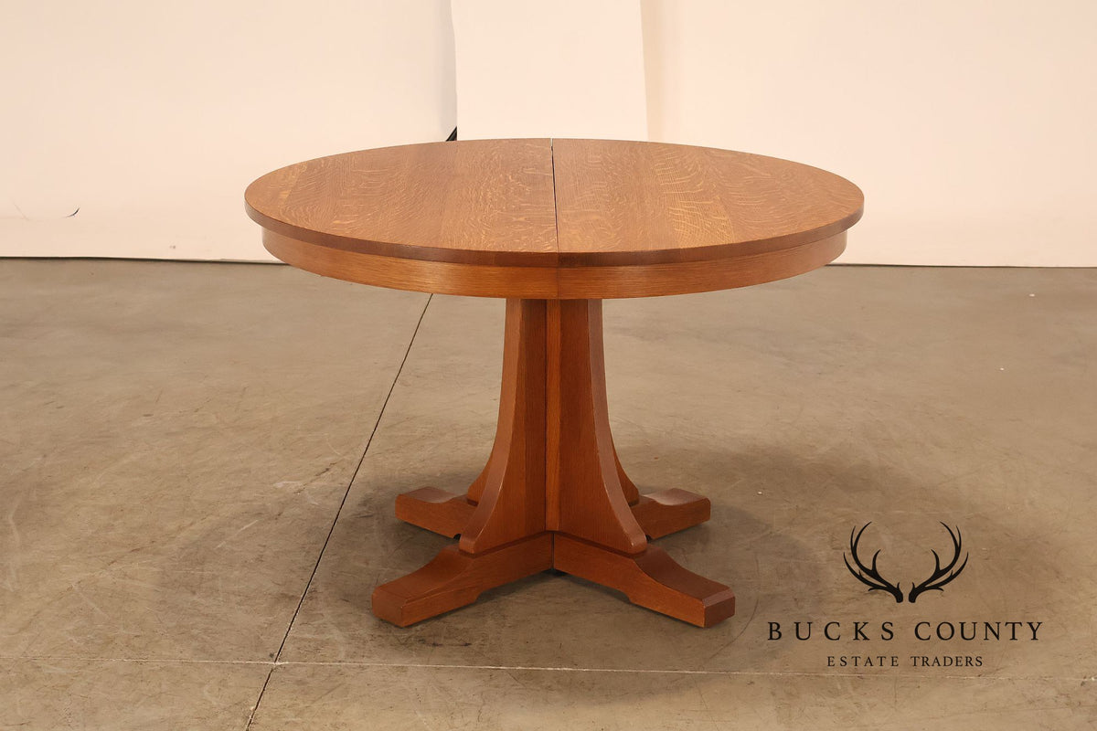 Stickley Mission Collection Round Oak Pedestal Dining Table With Two Leaves
