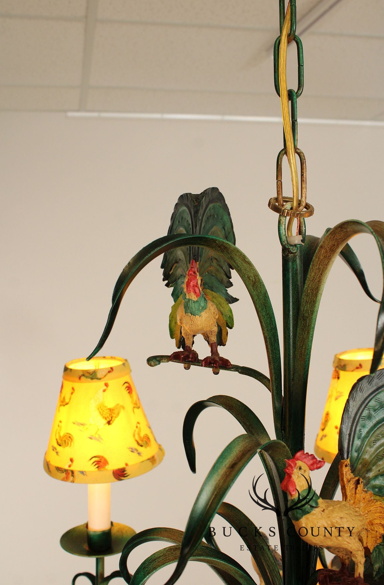 Farmhouse Style Painted Tole Rooster Chandelier