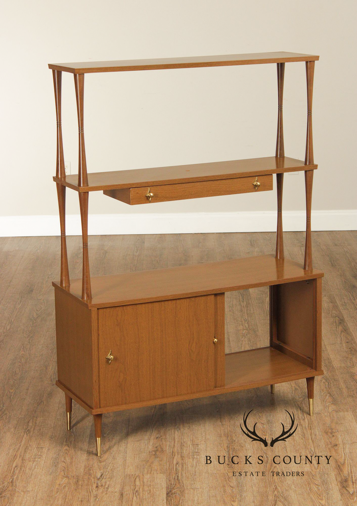 Mid Century Modern Walnut Room Divider Étagère With Brass Accents