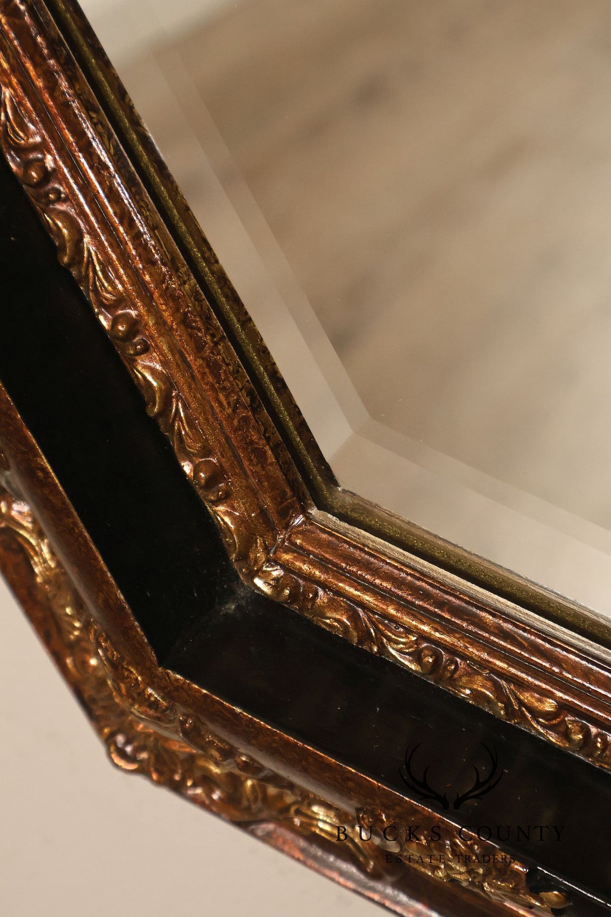 Traditional Octagonal Black And Gilt Beveled Wall Mirror