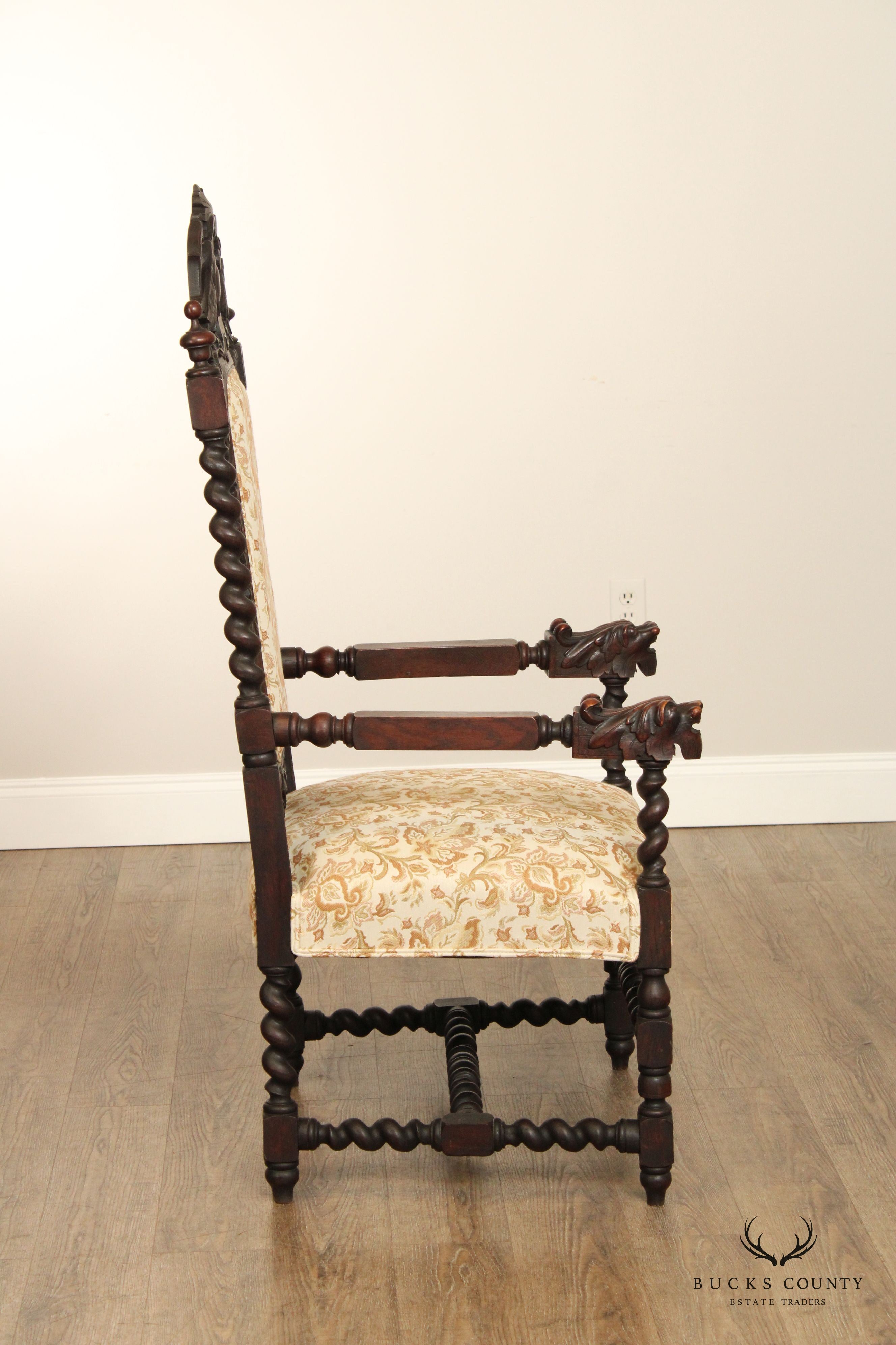 Renaissance Revival Antique Carved Oak Throne Armchair