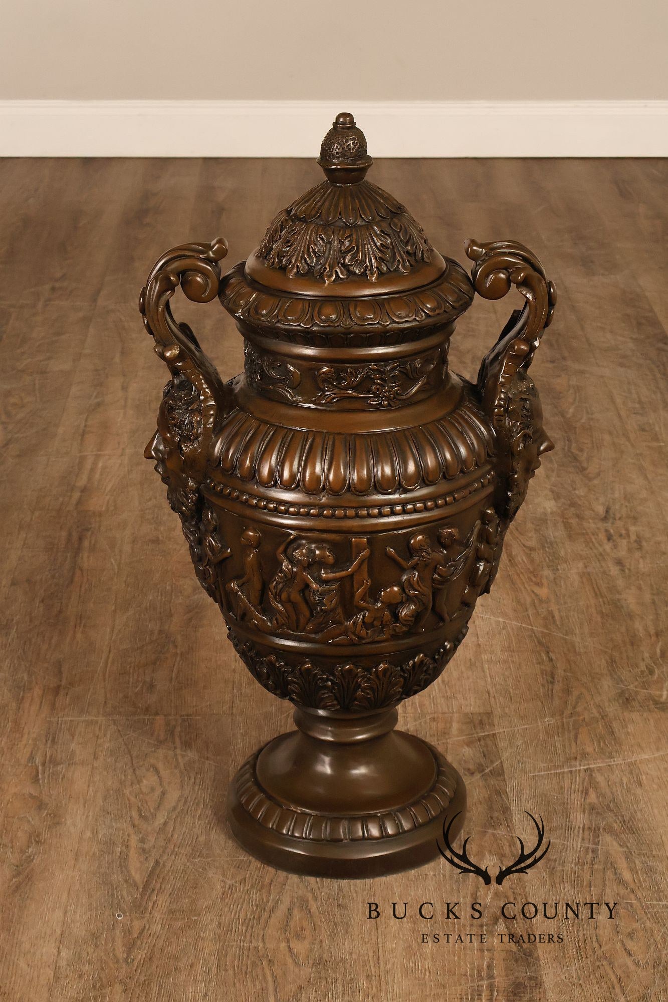Neoclassical Style Large Pair Of Cast Bronze Covered Urns With Figural Relief