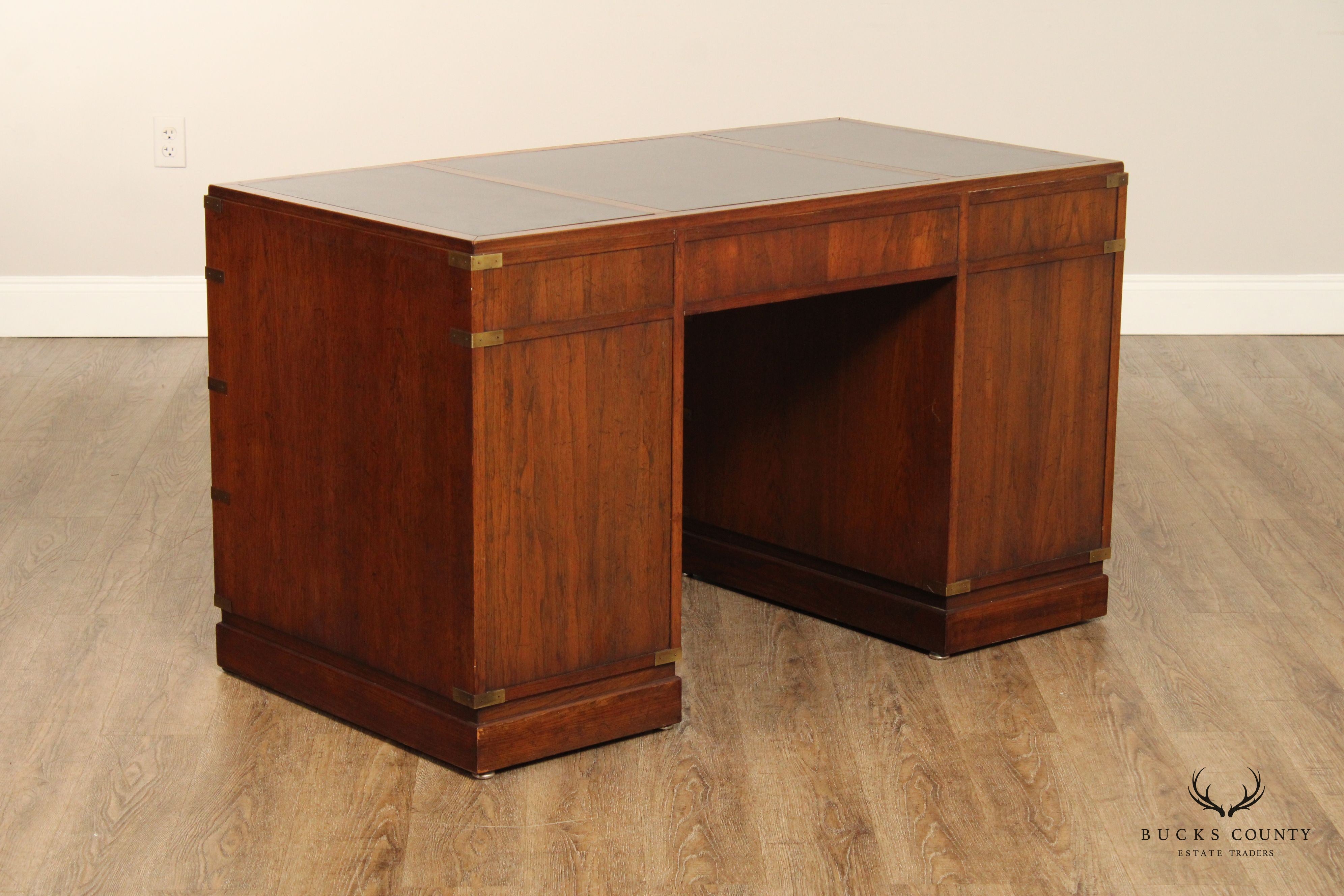 Sligh Campaign Style Vintage Oak and Brass Leather Top Writing Desk