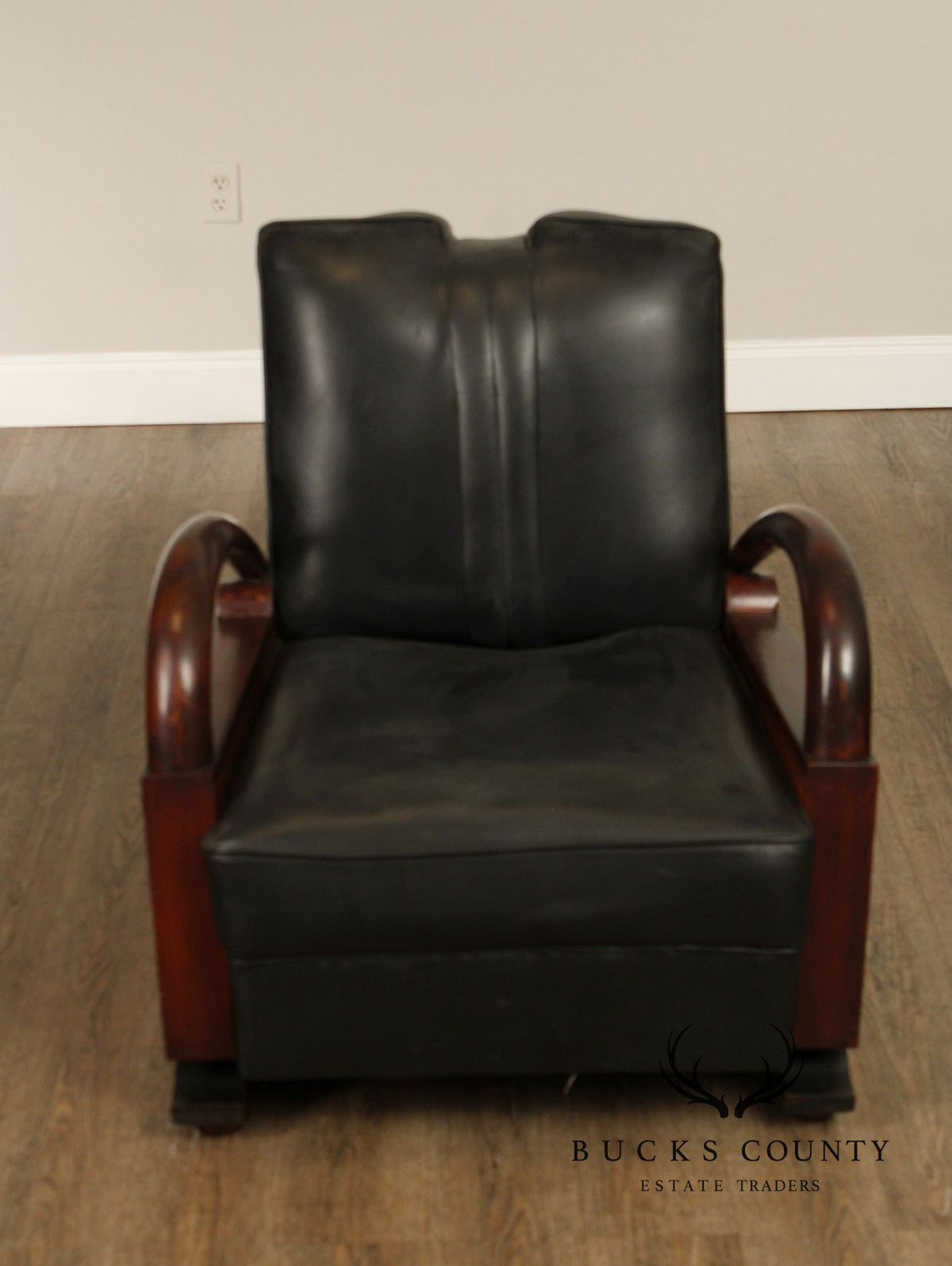 Art Deco Pair Of Streamline Moderne Rosewood And Black Leather Lounge Chairs
