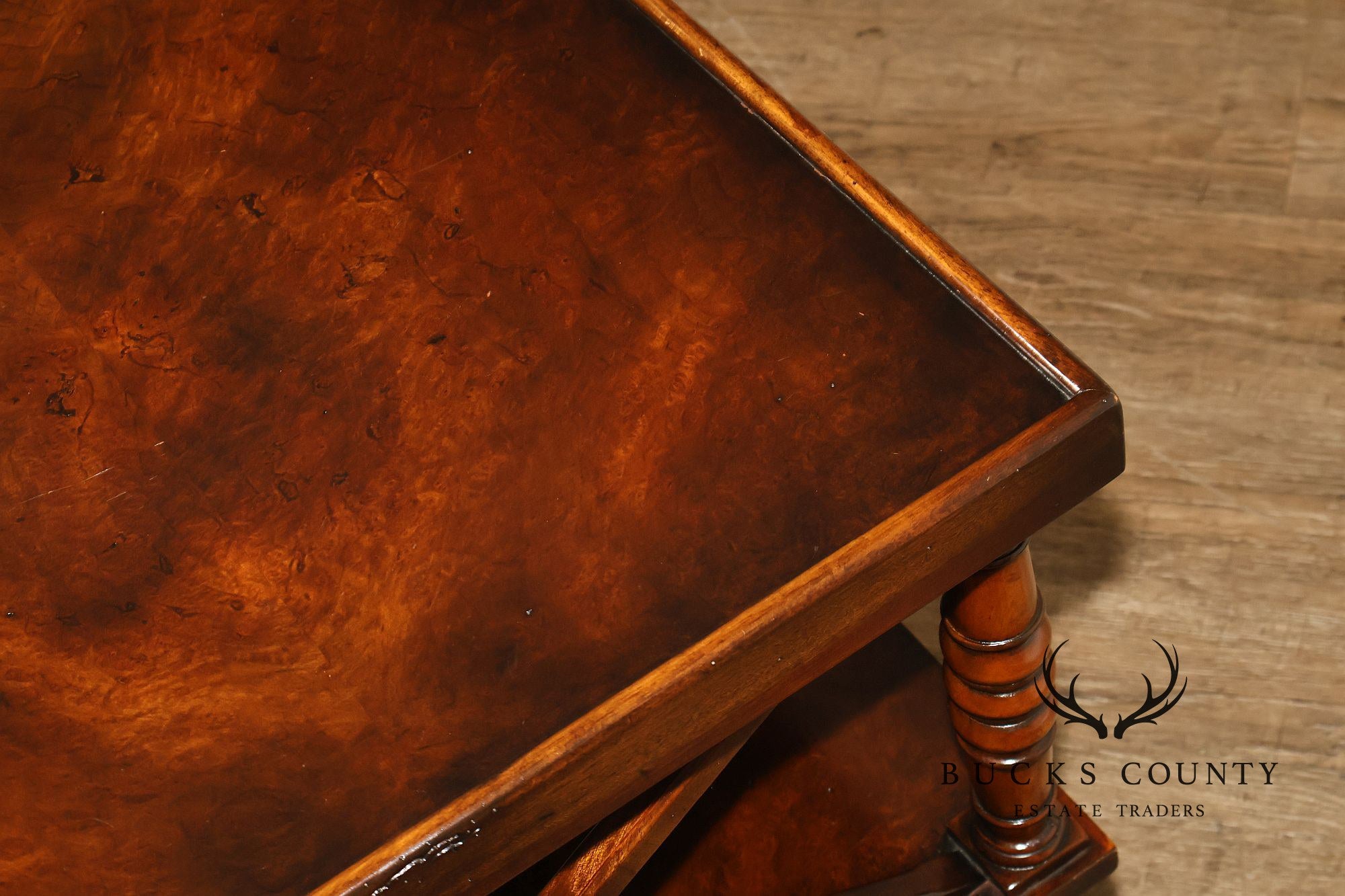 Regency Style Burl Wood Two-Tier Square Coffee Table On Brass Casters