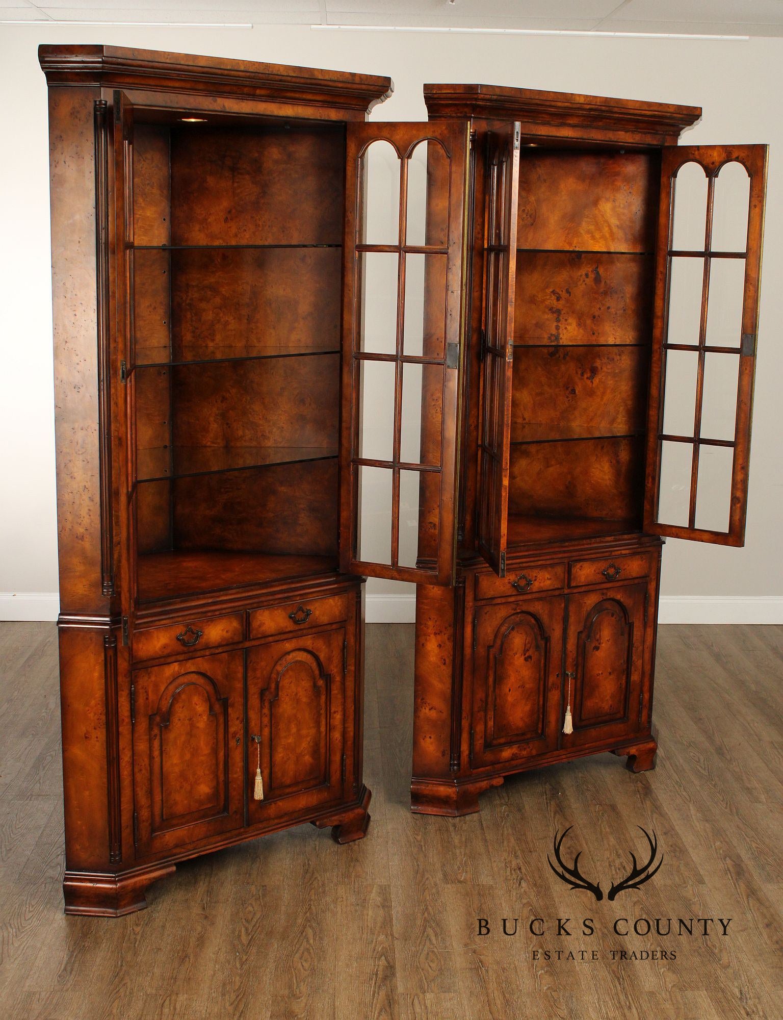 Theodore Alexander Georgian Style Pair of Burlwood Corner Cabinets