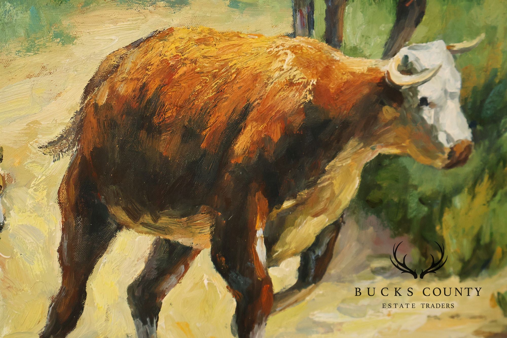 Western Cowboy on Horse Oil Painting on Canvas 55" x 43" Signed 'S. T. Cesent' in Gold Gilt Frame