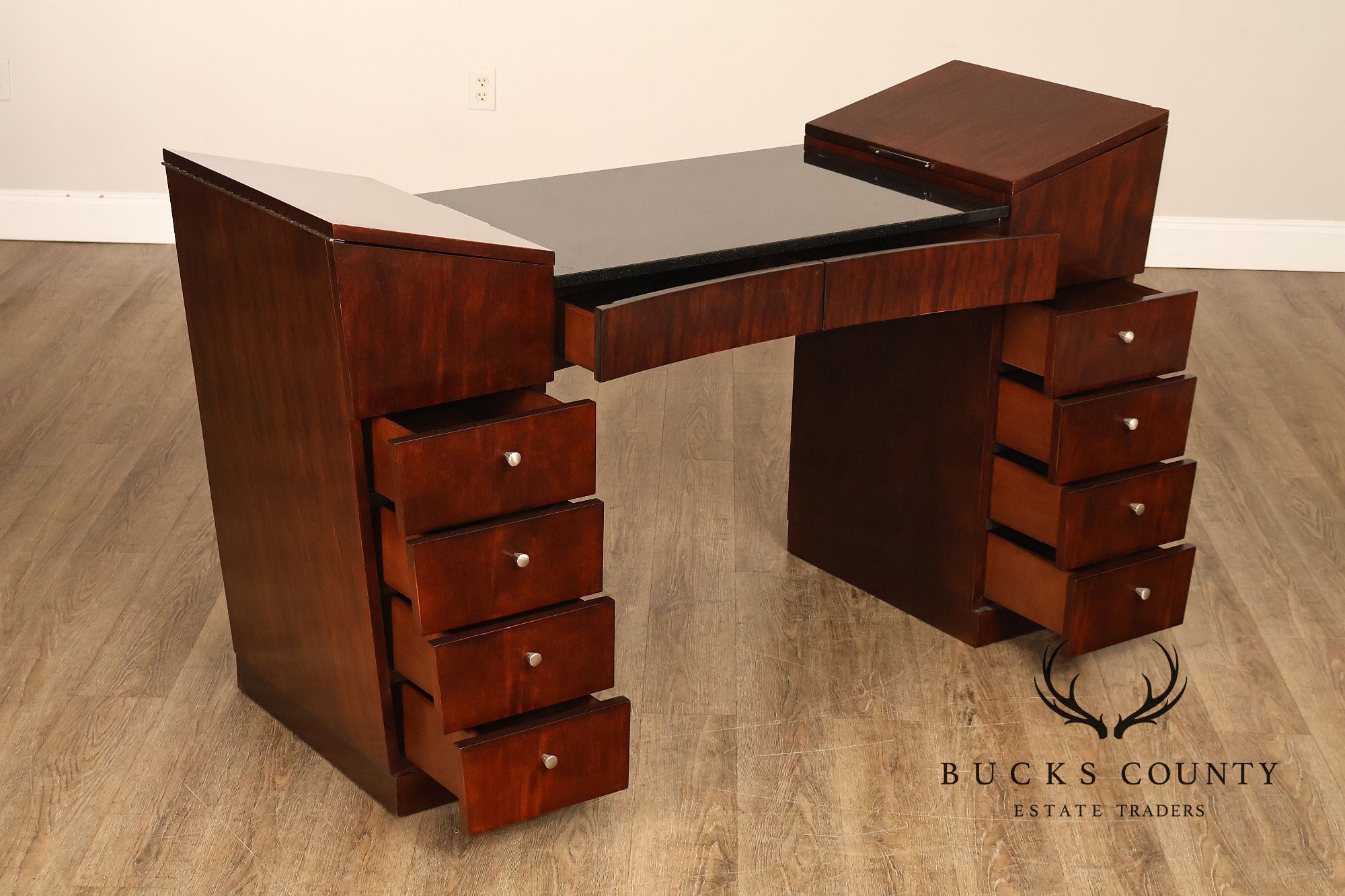 Hickory White Mahogany Art Deco Style Vanity Desk With Mirror