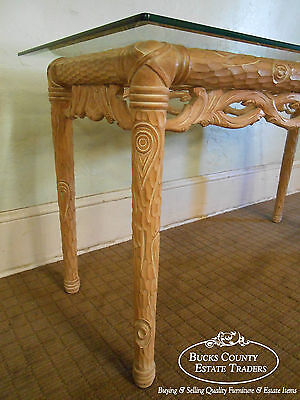 Carved Naturalistic Solid Maple Glass Top Sofa Table