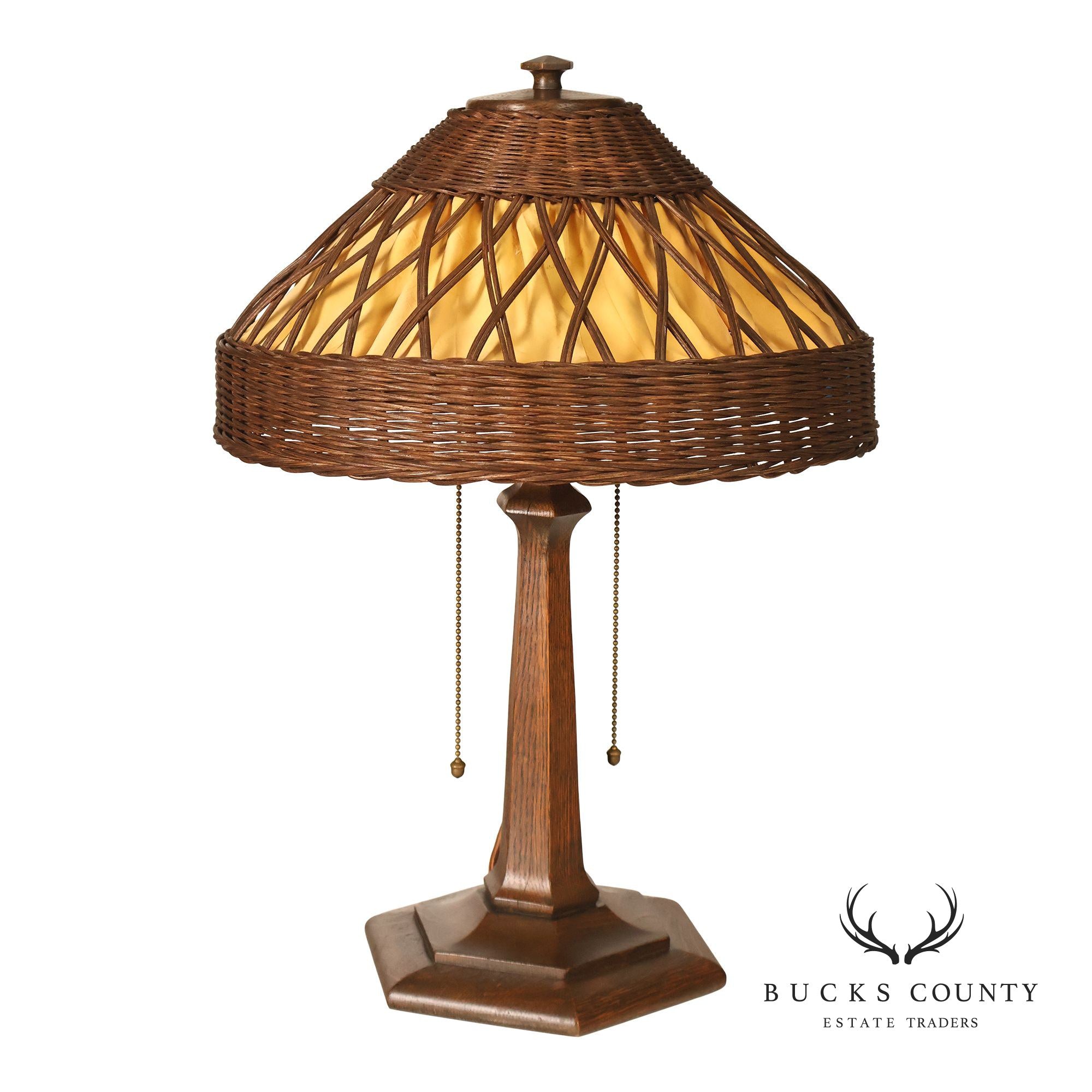 Antique Arts And Crafts Oak Table Lamp With Wicker Shade