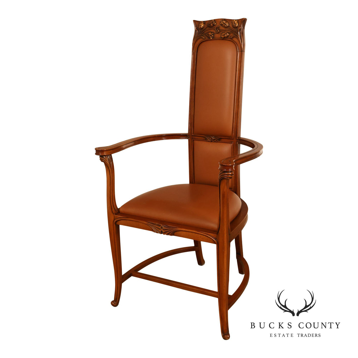 Antique Art Nouveau Carved Wood And Leather Armchair