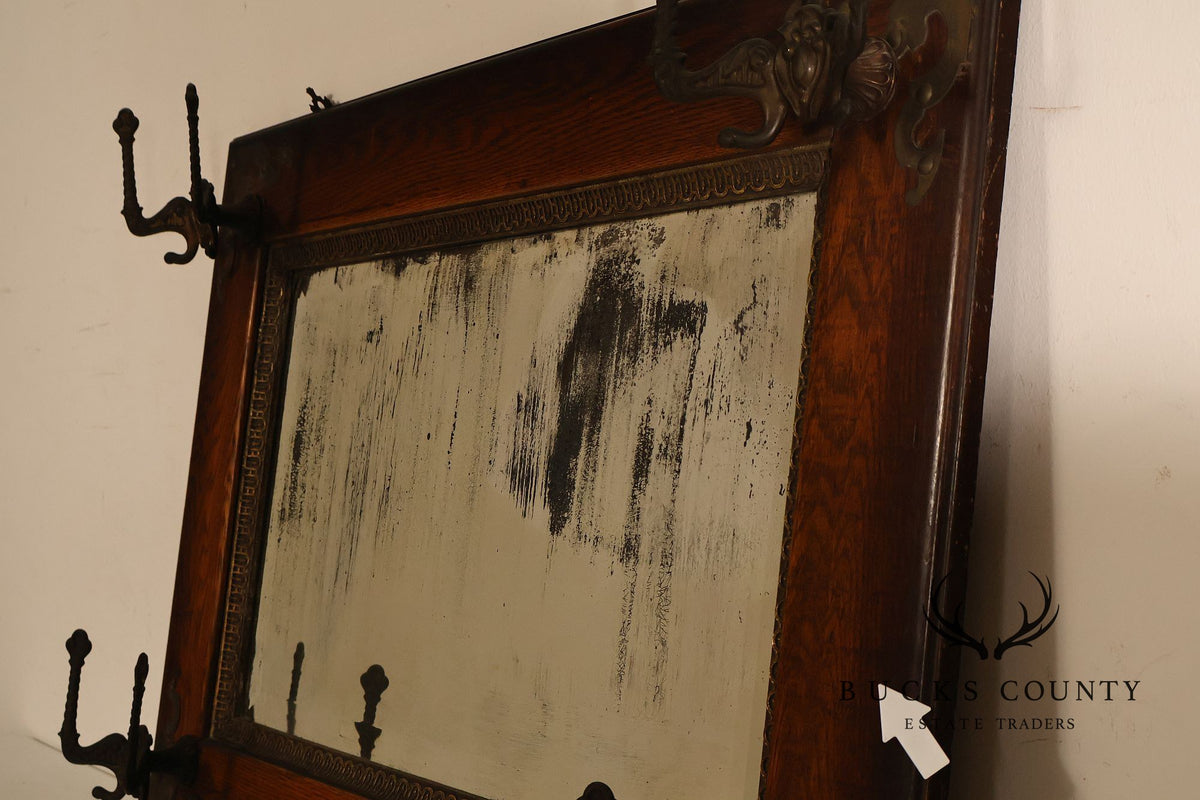 Antique Victorian Oak Wall Mirror With Cast Iron Coat Hooks