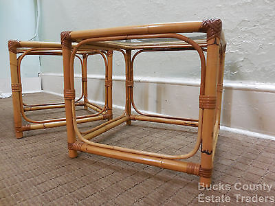 Vintage Quality Rattan Pair of Square Cube End Tables (B)