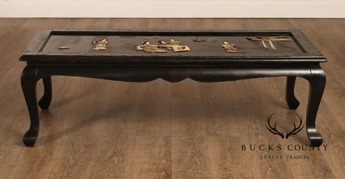 Asian Inspired Black Lacquer Coffee Table With Figural Inlay