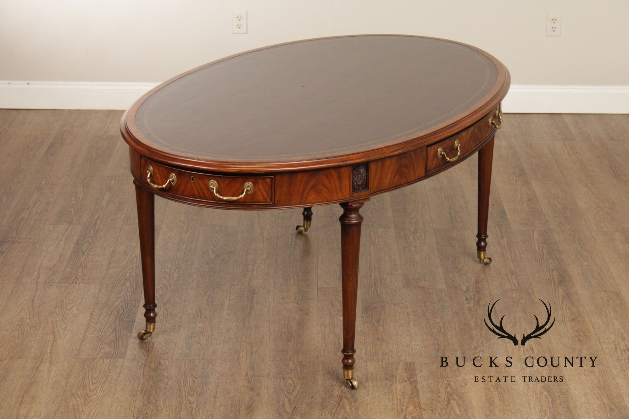 E.J. Victor Regency Style Mahogany Leather Top Oval Partners Desk Writing Table