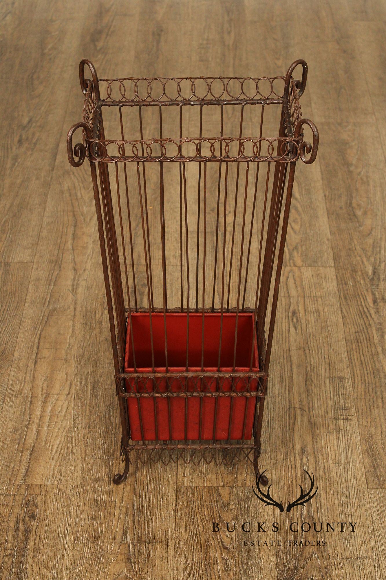 Vintage Wrought Iron Umbrella Stand with Red Liner
