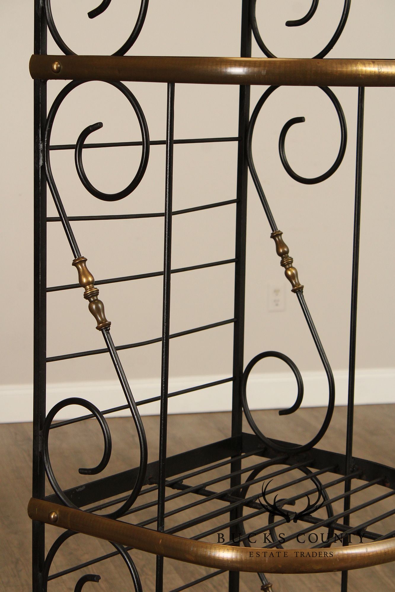 French Country Style Vintage Wrought Iron And Brass Narrow Bakers Rack